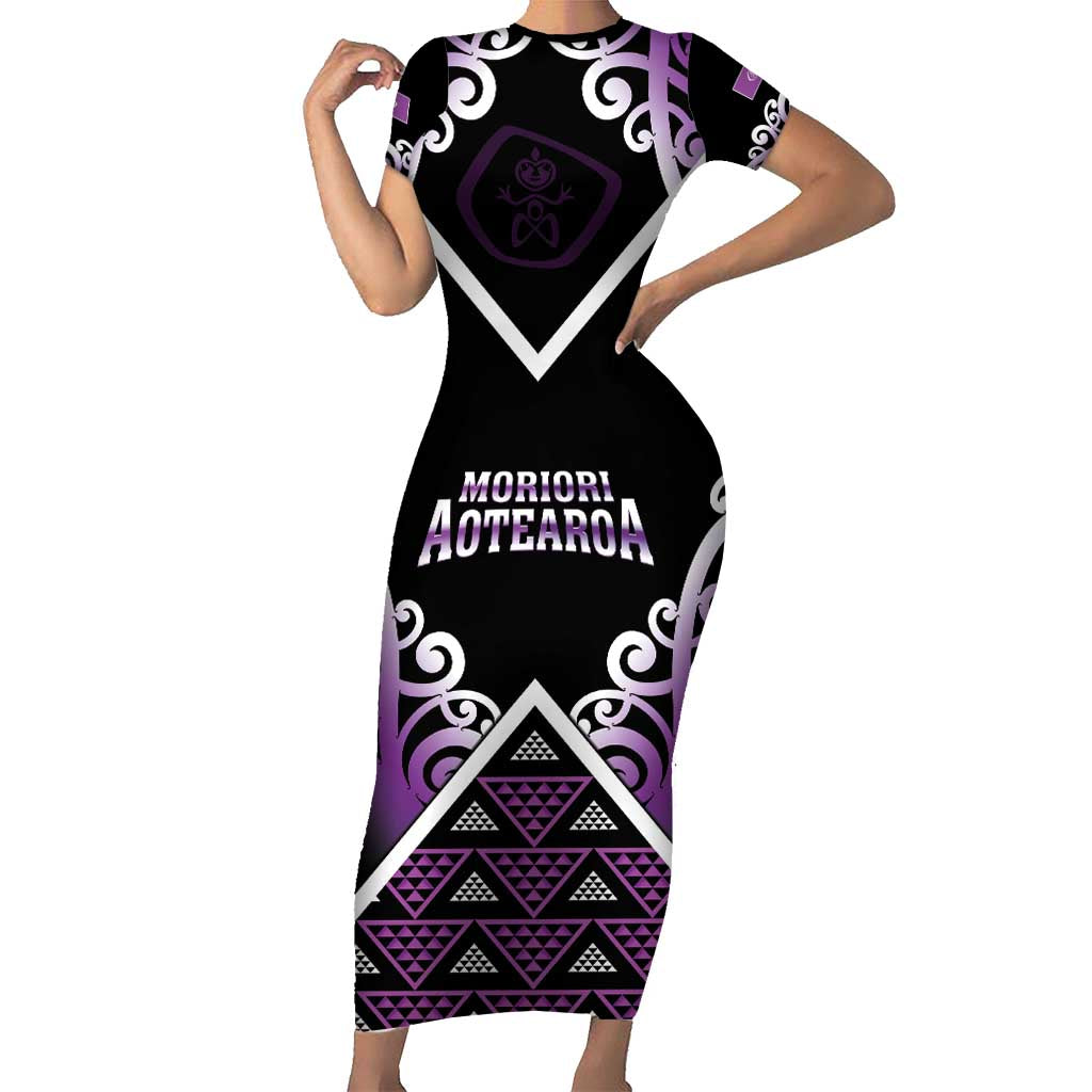 Personalised Aotearoa Moriori Short Sleeve Bodycon Dress Maori Pattern New Zealand - Polynesian Pride