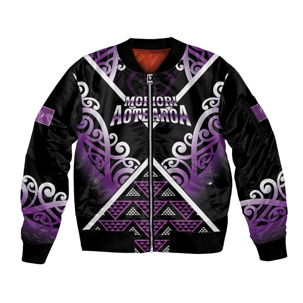 Personalised Aotearoa Moriori Sleeve Zip Bomber Jacket Maori Pattern New Zealand - Polynesian Pride