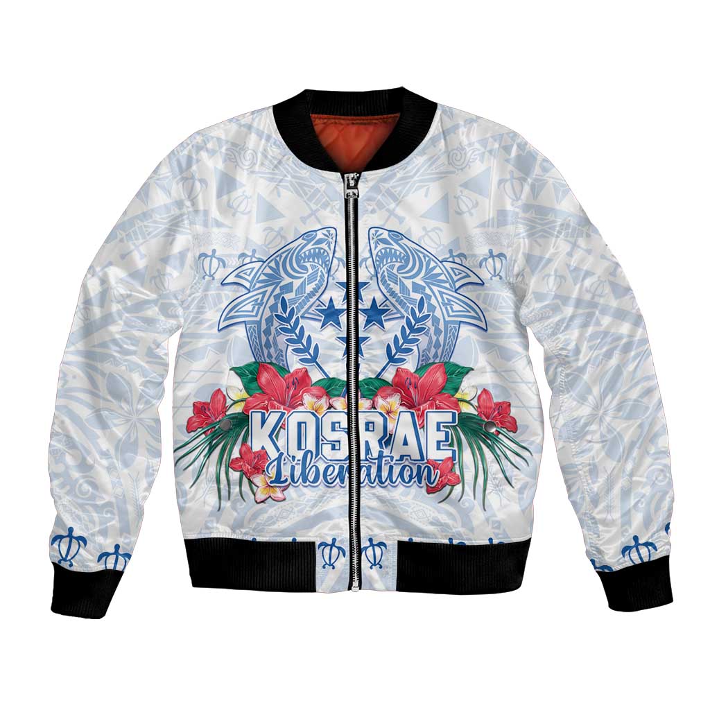 Happy Kosrae Liberation Day Bomber Jacket Polynesian Shark Turtle Motif LT05 Unisex White - Polynesian Pride
