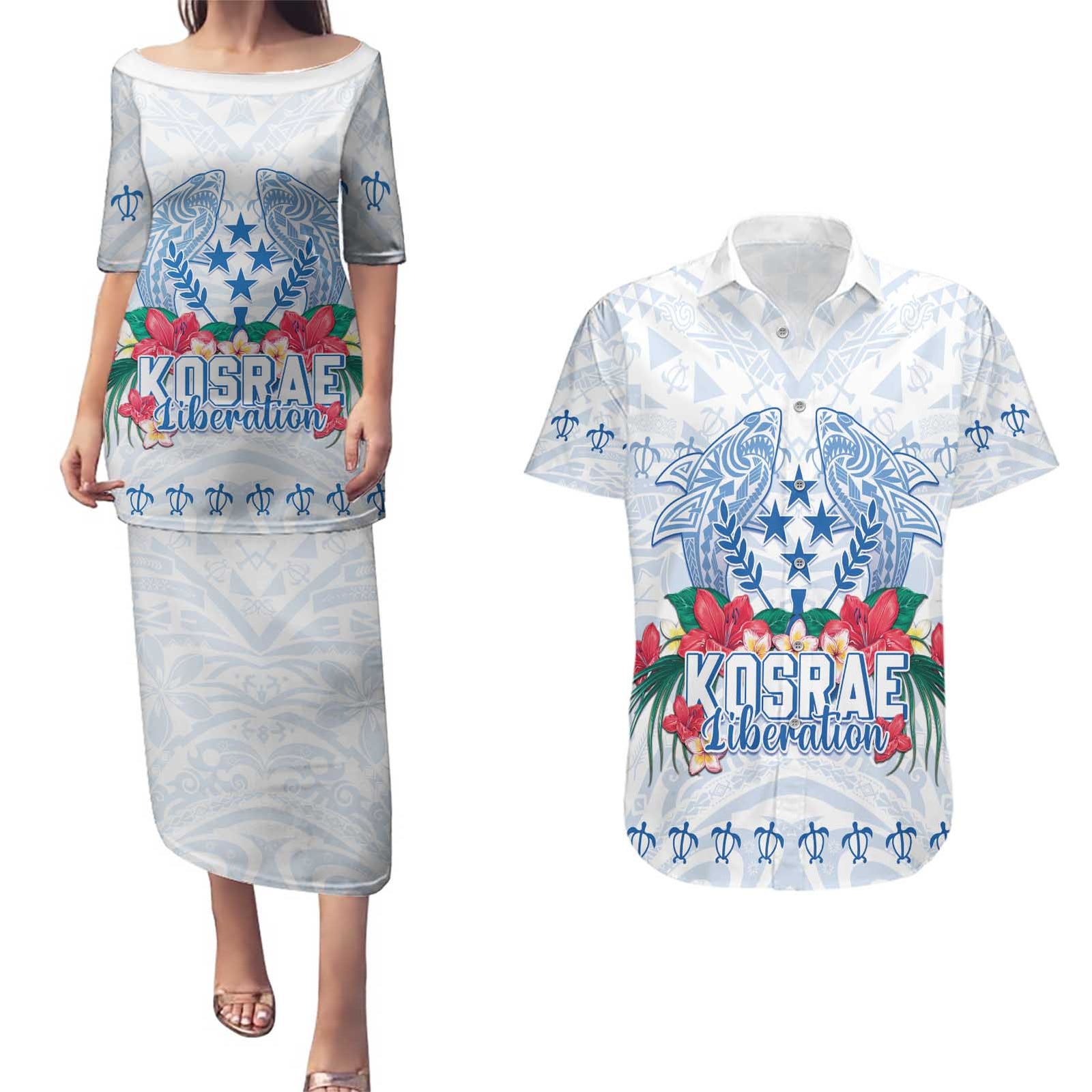Happy Kosrae Liberation Day Couples Matching Puletasi and Hawaiian Shirt Polynesian Shark Turtle Motif LT05 White - Polynesian Pride