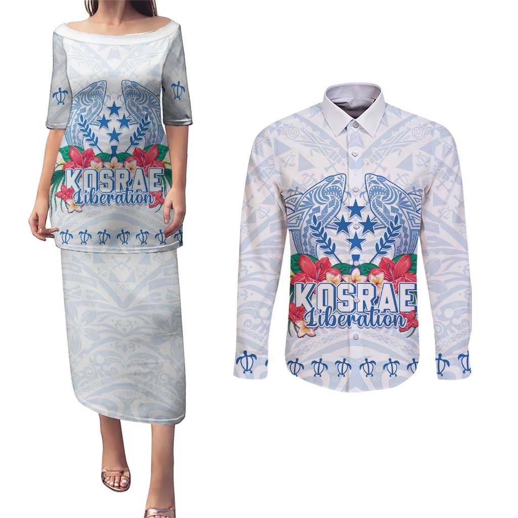 Happy Kosrae Liberation Day Couples Matching Puletasi and Long Sleeve Button Shirt Polynesian Shark Turtle Motif LT05 White - Polynesian Pride