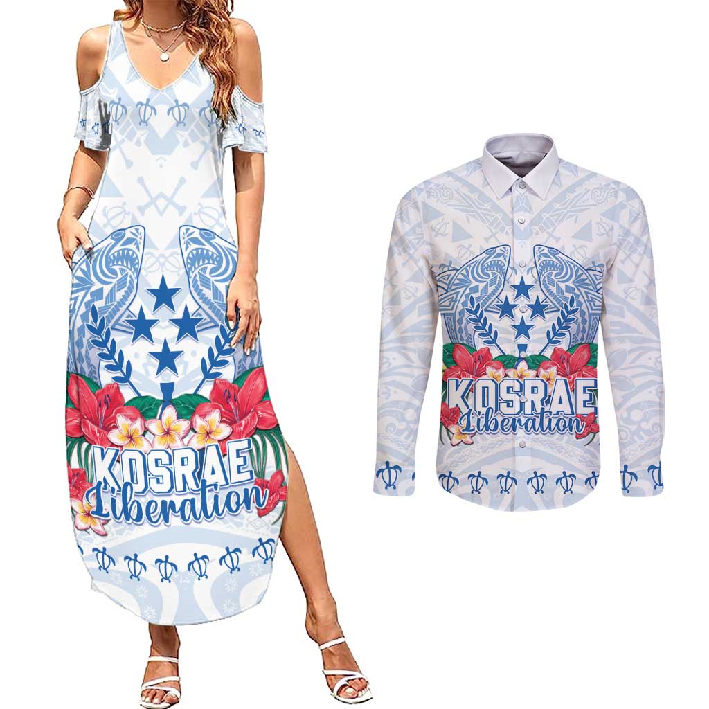 Happy Kosrae Liberation Day Couples Matching Summer Maxi Dress and Long Sleeve Button Shirt Polynesian Shark Turtle Motif LT05 White - Polynesian Pride