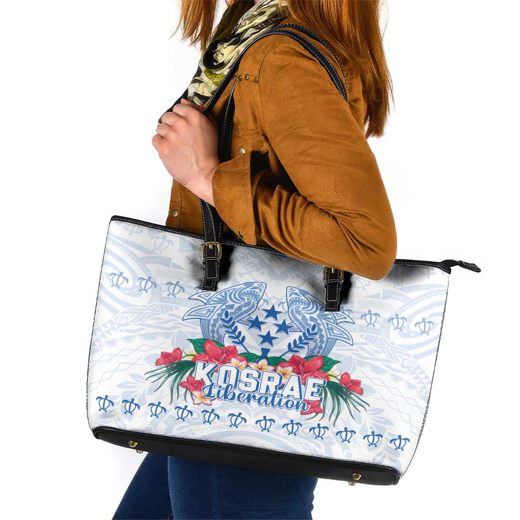 Happy Kosrae Liberation Day Leather Tote Bag Polynesian Shark Turtle Motif LT05 White - Polynesian Pride