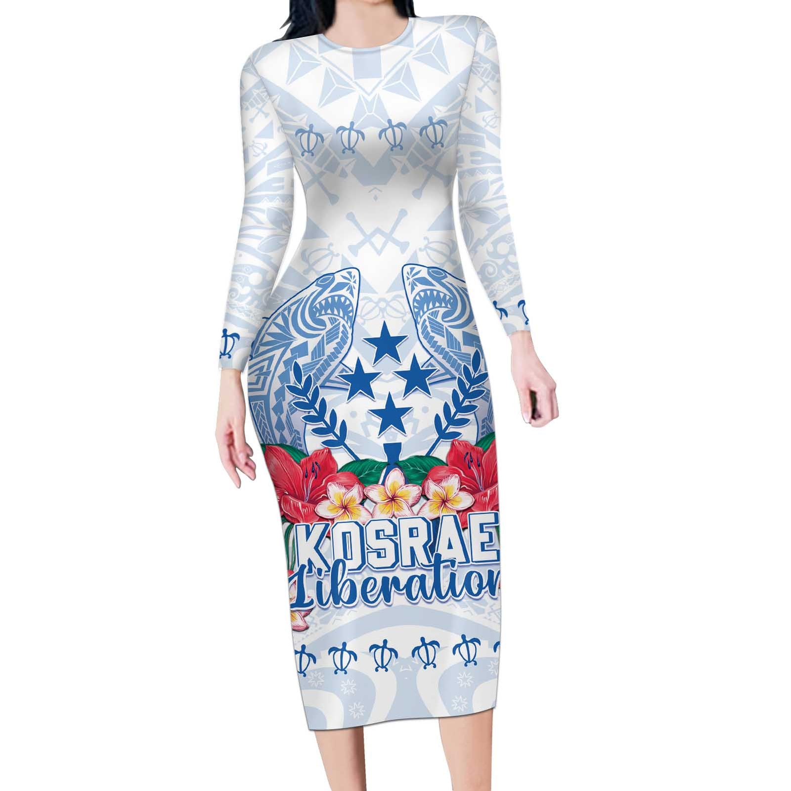 Happy Kosrae Liberation Day Long Sleeve Bodycon Dress Polynesian Shark Turtle Motif LT05 Long Dress White - Polynesian Pride