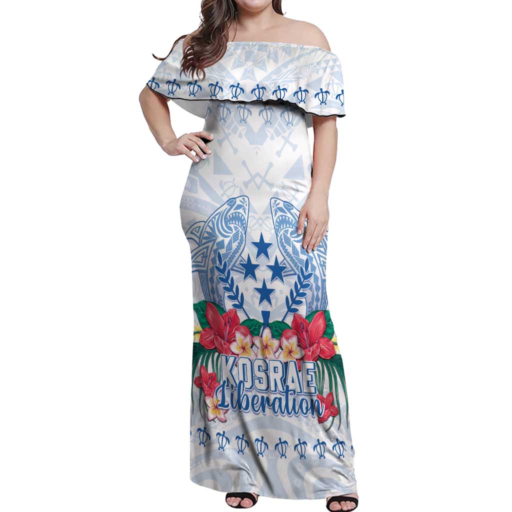 Happy Kosrae Liberation Day Off Shoulder Maxi Dress Polynesian Shark Turtle Motif LT05 Women White - Polynesian Pride
