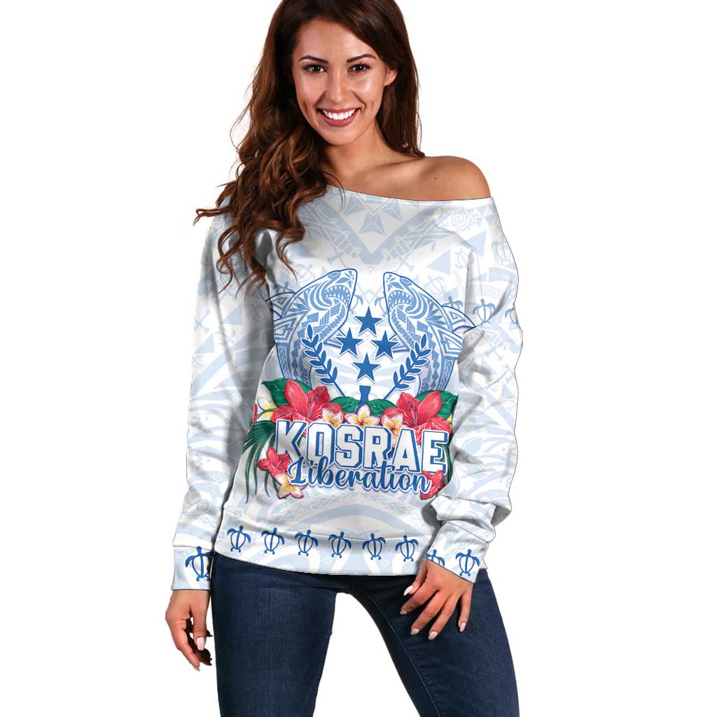Happy Kosrae Liberation Day Off Shoulder Sweater Polynesian Shark Turtle Motif LT05 Women White - Polynesian Pride