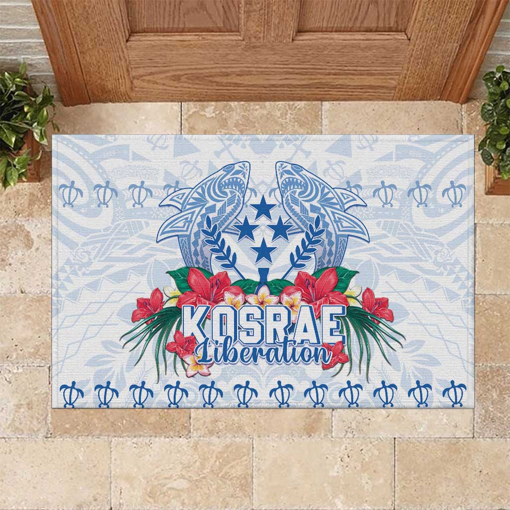 Happy Kosrae Liberation Day Rubber Doormat Polynesian Shark Turtle Motif LT05 White - Polynesian Pride