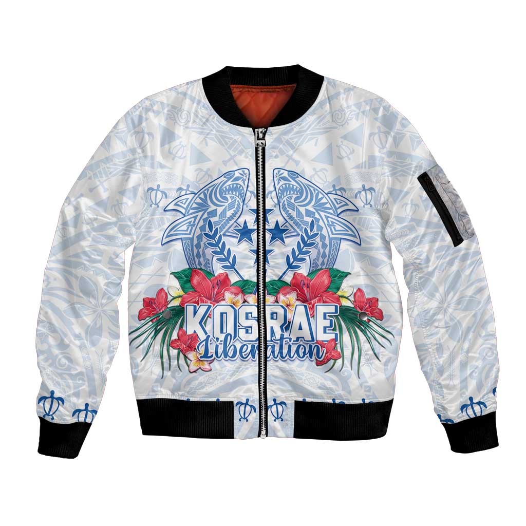 Happy Kosrae Liberation Day Sleeve Zip Bomber Jacket Polynesian Shark Turtle Motif LT05 Unisex White - Polynesian Pride