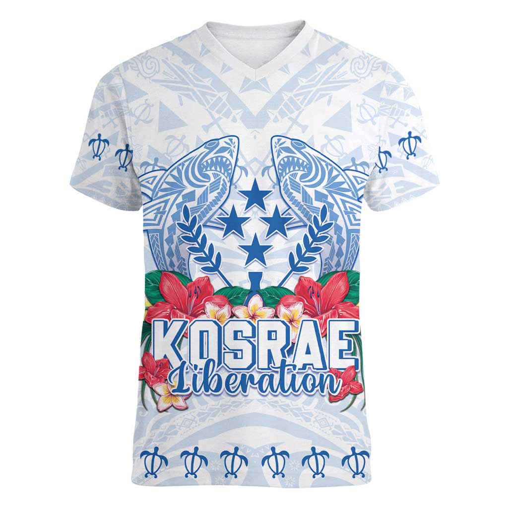 Happy Kosrae Liberation Day Women V-Neck T-Shirt Polynesian Shark Turtle Motif LT05 Female White - Polynesian Pride