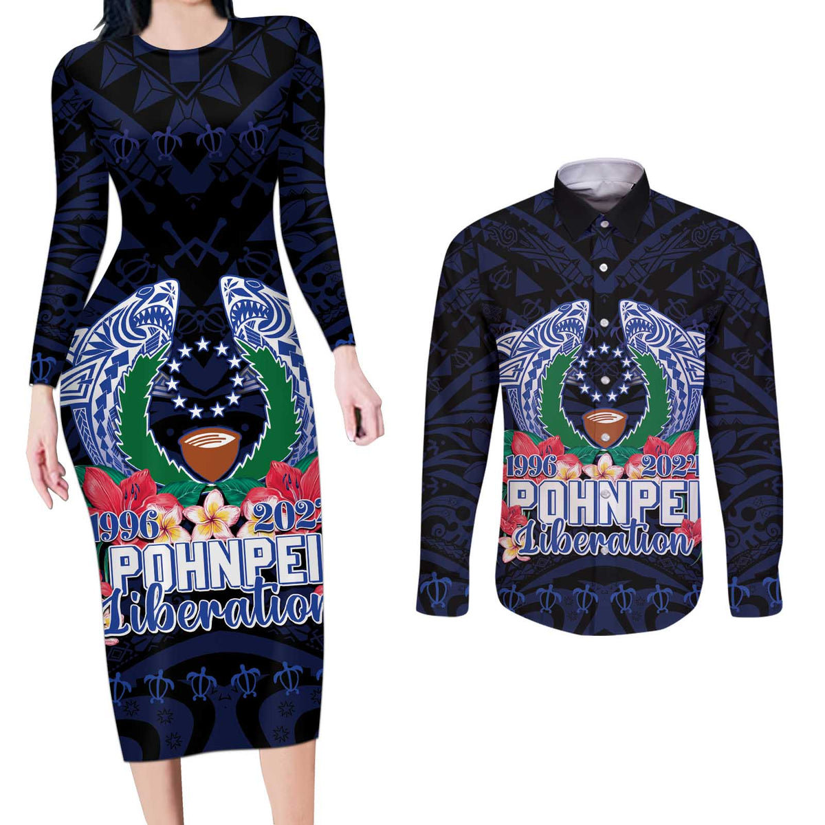 Happy Pohnpei Liberation Day Couples Matching Long Sleeve Bodycon Dress and Long Sleeve Button Shirt Polynesian Shark Turtle Motif