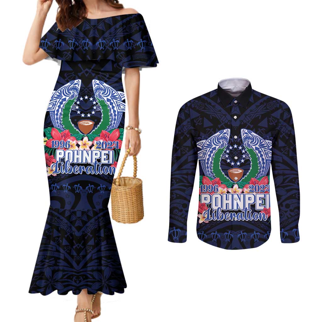 Happy Pohnpei Liberation Day Couples Matching Mermaid Dress and Long Sleeve Button Shirt Polynesian Shark Turtle Motif LT05 Blue - Polynesian Pride