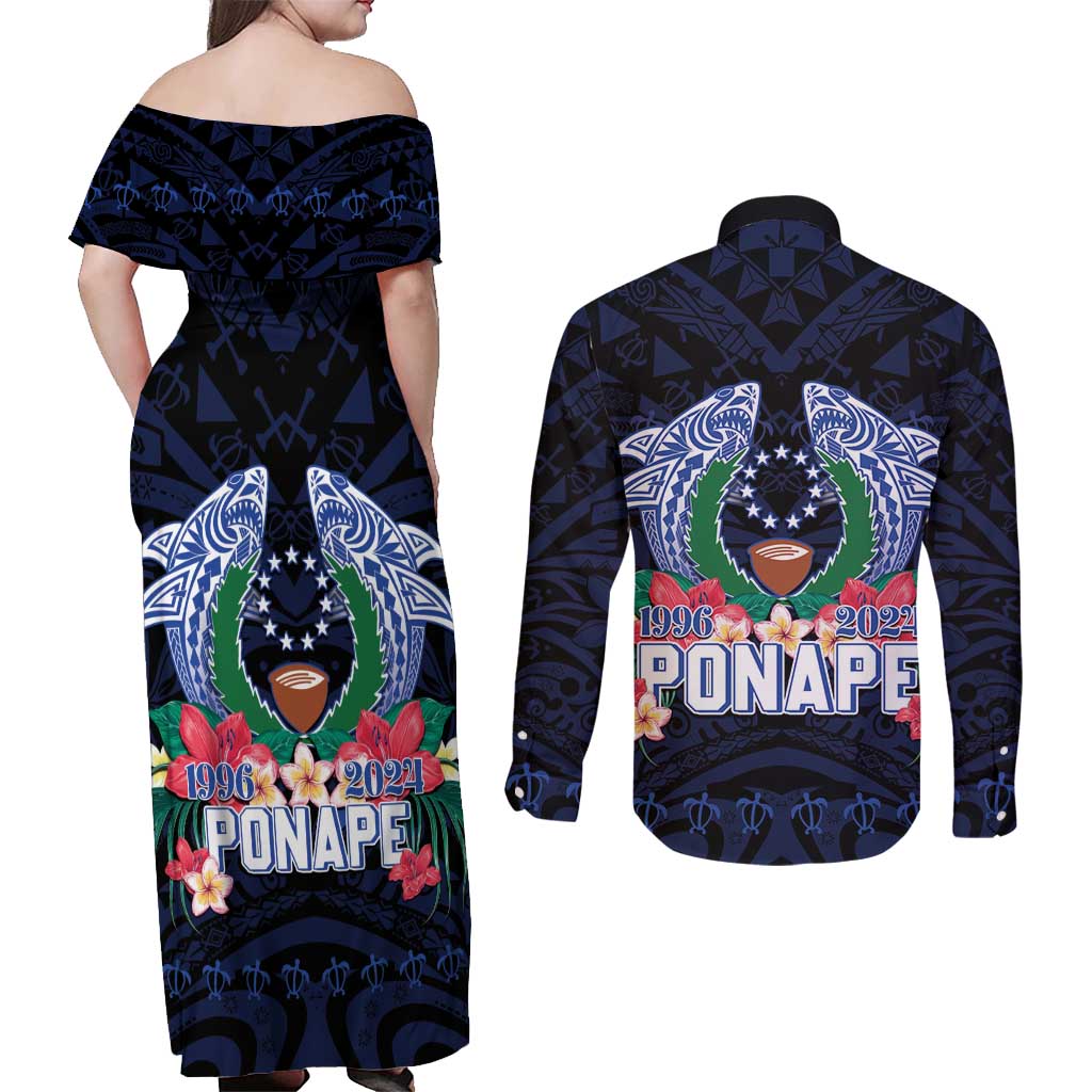 Happy Pohnpei Liberation Day Couples Matching Off Shoulder Maxi Dress and Long Sleeve Button Shirt Polynesian Shark Turtle Motif