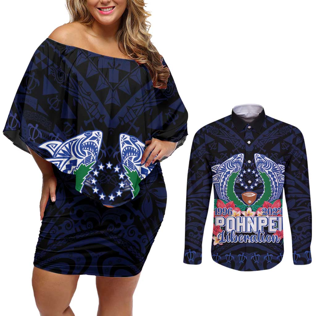 Happy Pohnpei Liberation Day Couples Matching Off Shoulder Short Dress and Long Sleeve Button Shirt Polynesian Shark Turtle Motif