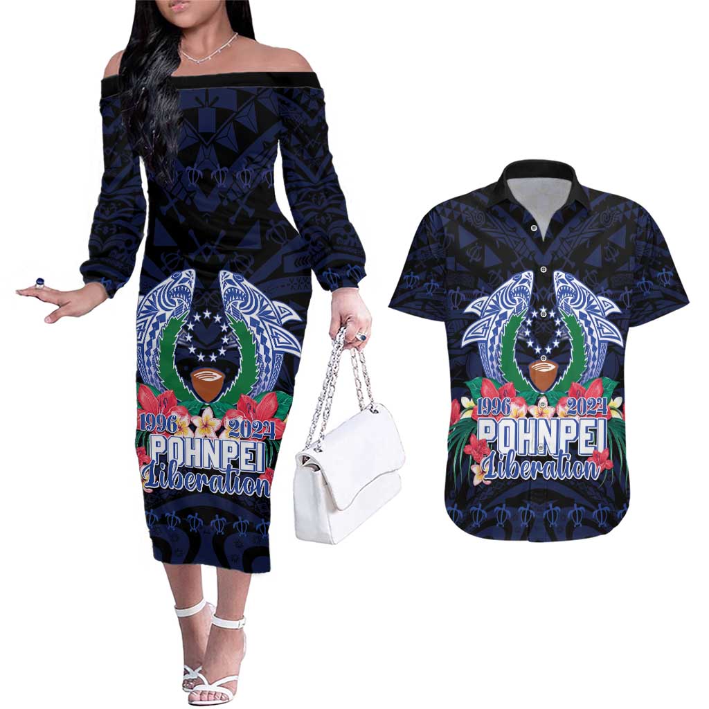 Happy Pohnpei Liberation Day Couples Matching Off The Shoulder Long Sleeve Dress and Hawaiian Shirt Polynesian Shark Turtle Motif