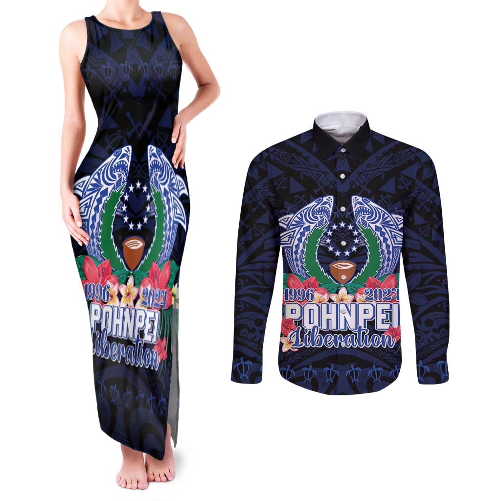 Happy Pohnpei Liberation Day Couples Matching Tank Maxi Dress and Long Sleeve Button Shirt Polynesian Shark Turtle Motif LT05 Blue - Polynesian Pride