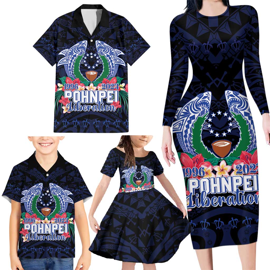 Happy Pohnpei Liberation Day Family Matching Long Sleeve Bodycon Dress and Hawaiian Shirt Polynesian Shark Turtle Motif LT05 - Polynesian Pride
