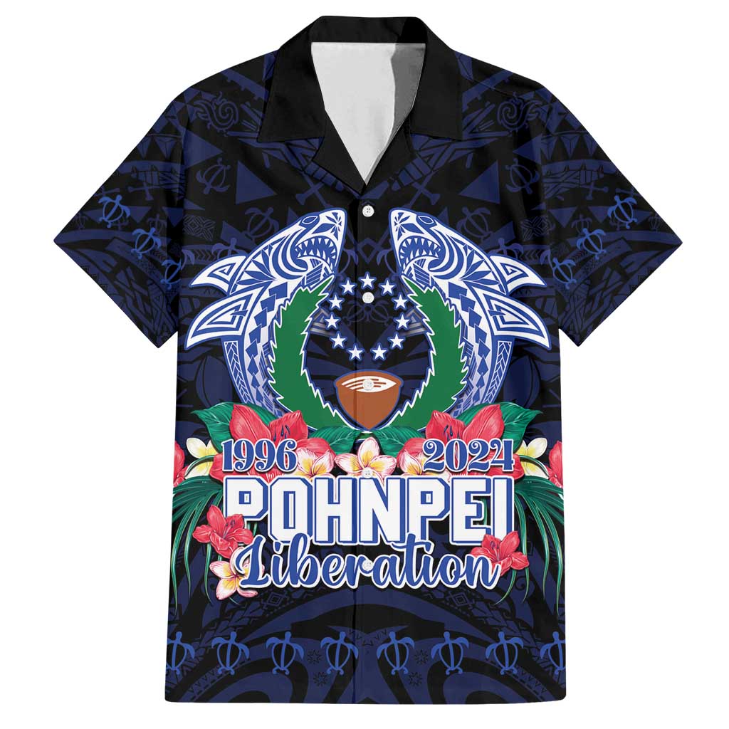 Happy Pohnpei Liberation Day Family Matching Long Sleeve Bodycon Dress and Hawaiian Shirt Polynesian Shark Turtle Motif