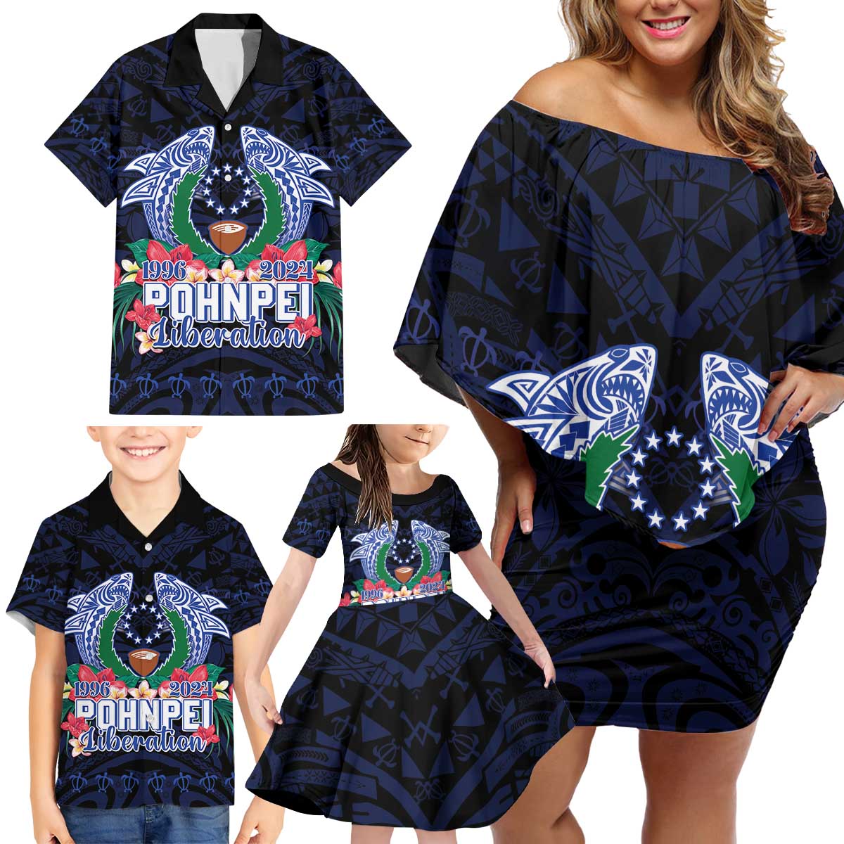 Happy Pohnpei Liberation Day Family Matching Off Shoulder Short Dress and Hawaiian Shirt Polynesian Shark Turtle Motif LT05 - Polynesian Pride