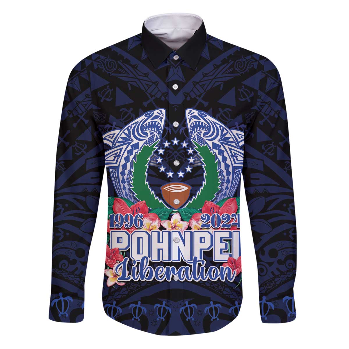 Happy Pohnpei Liberation Day Family Matching Puletasi and Hawaiian Shirt Polynesian Shark Turtle Motif