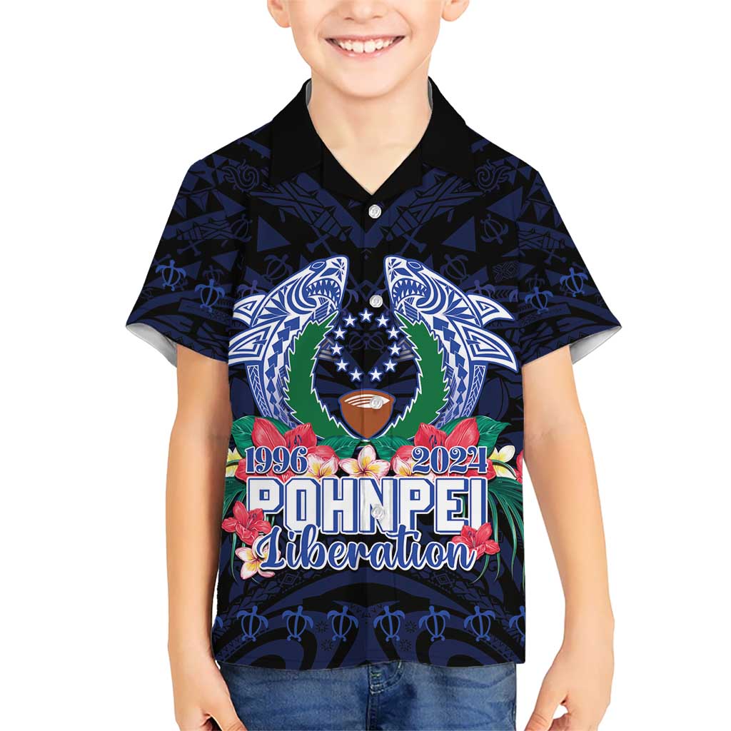 Happy Pohnpei Liberation Day Kid Hawaiian Shirt Polynesian Shark Turtle Motif