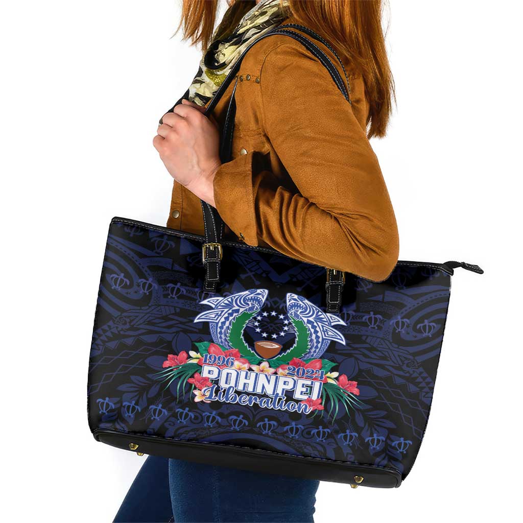 Happy Pohnpei Liberation Day Leather Tote Bag Polynesian Shark Turtle Motif LT05 Blue - Polynesian Pride