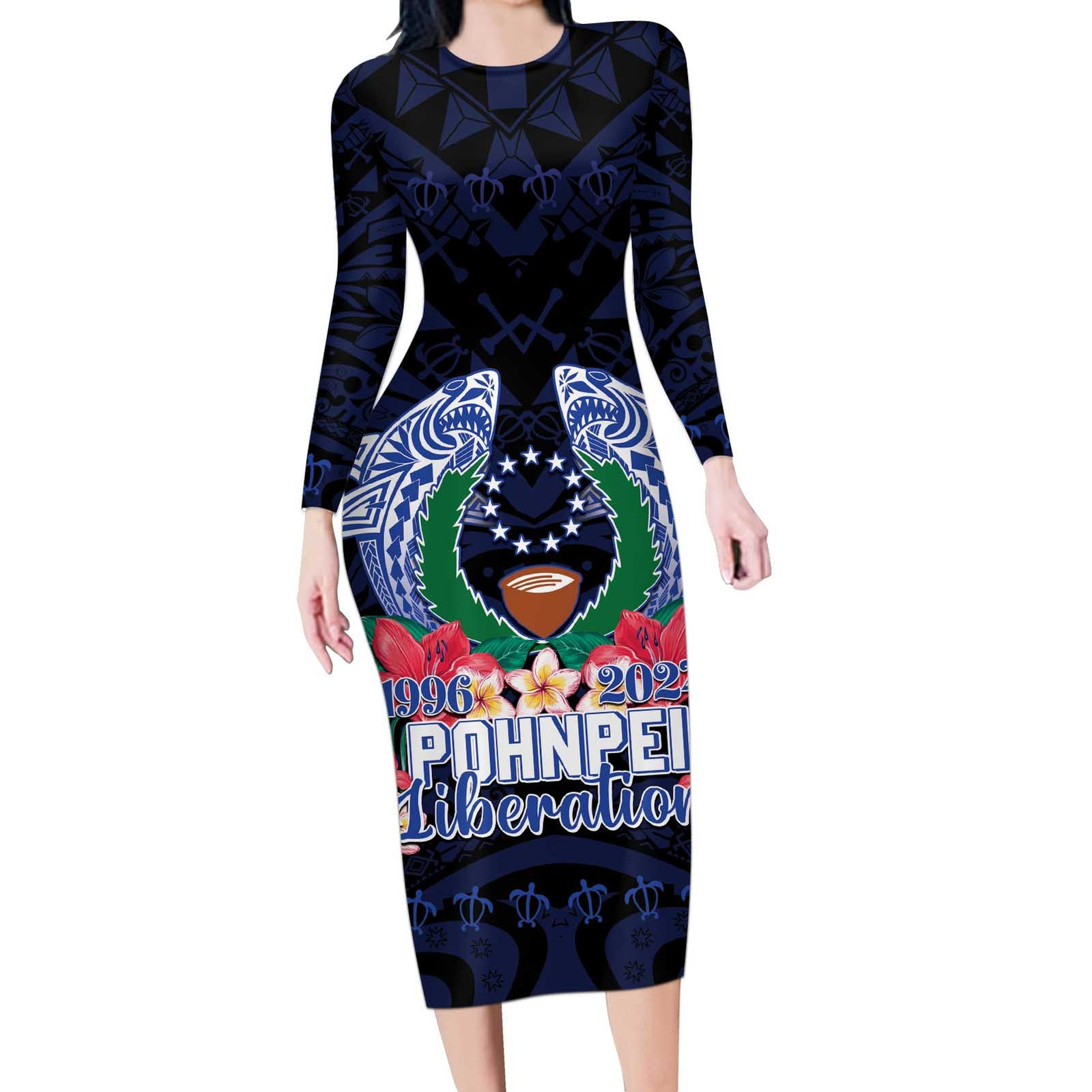 Happy Pohnpei Liberation Day Long Sleeve Bodycon Dress Polynesian Shark Turtle Motif LT05 Long Dress Blue - Polynesian Pride