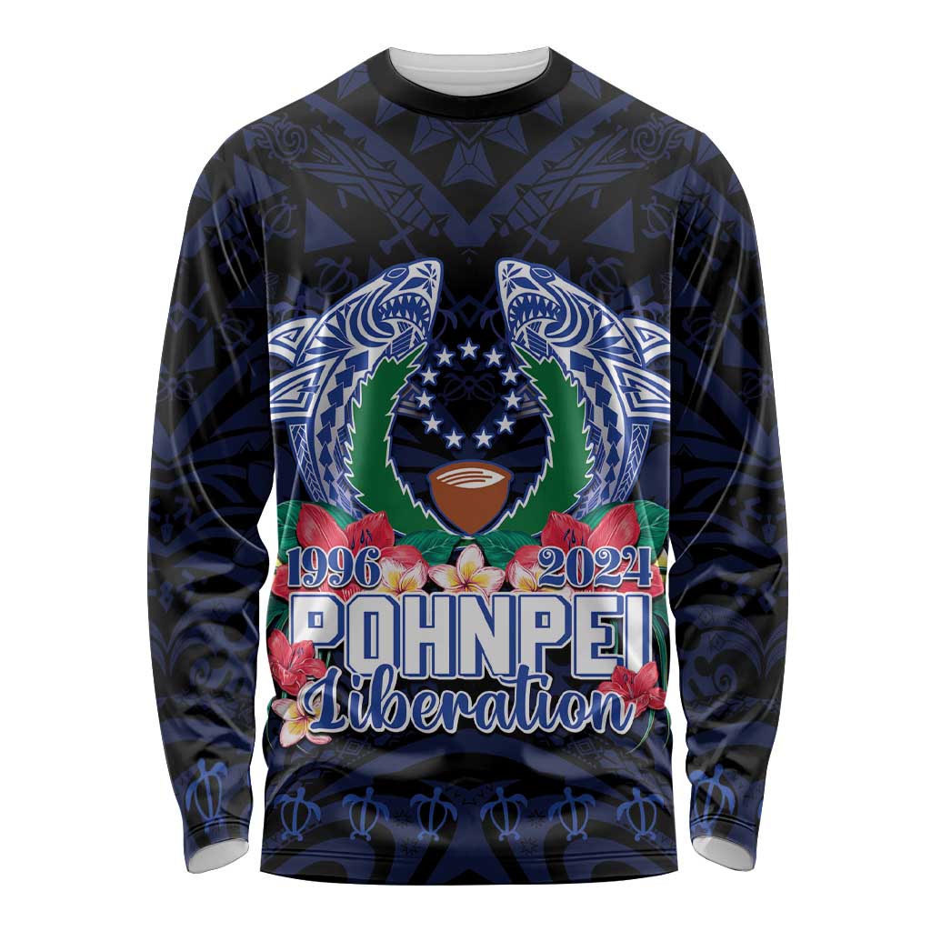 Happy Pohnpei Liberation Day Long Sleeve Shirt Polynesian Shark Turtle Motif LT05 Unisex Blue - Polynesian Pride