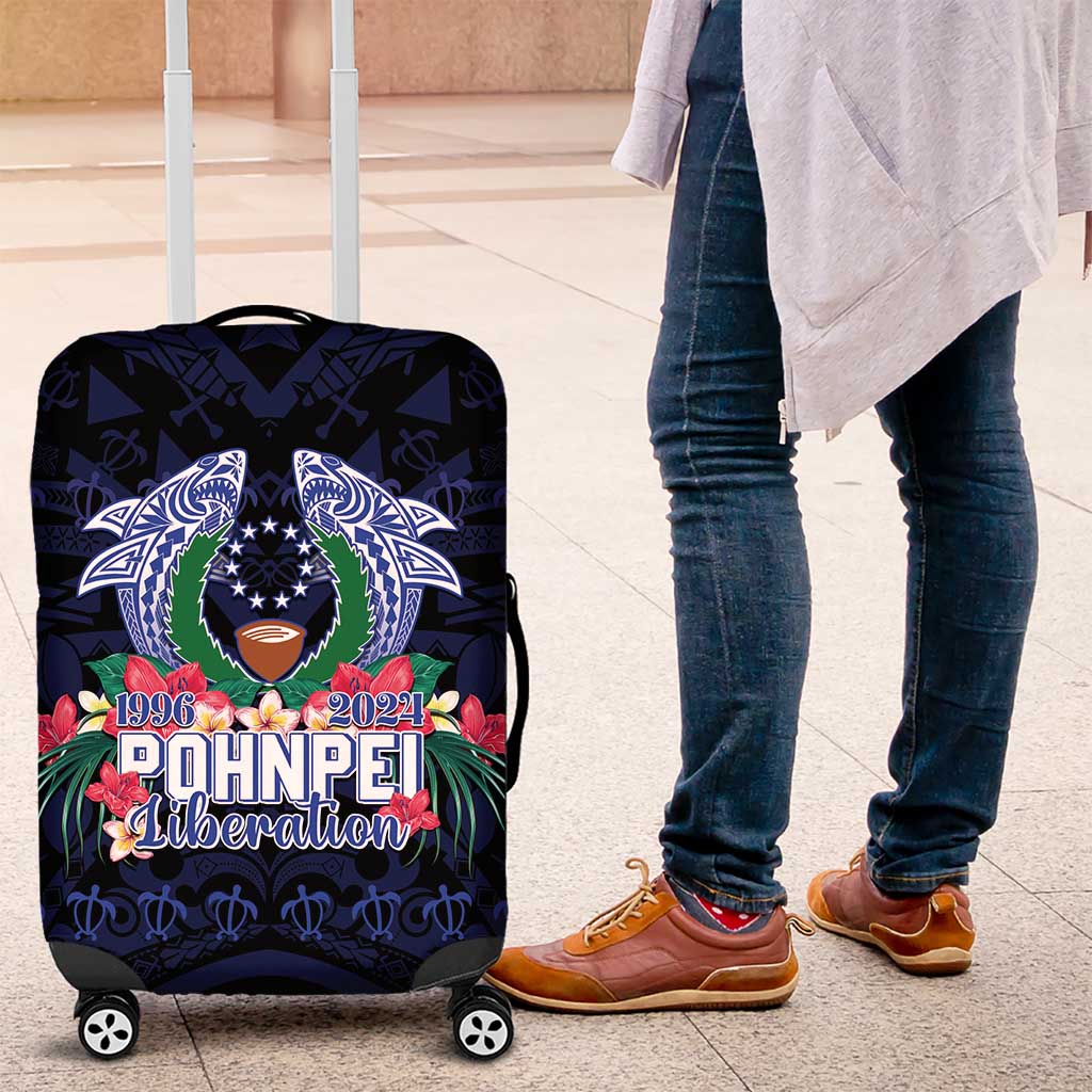 Happy Pohnpei Liberation Day Luggage Cover Polynesian Shark Turtle Motif LT05 Blue - Polynesian Pride