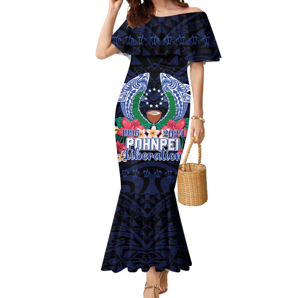 Happy Pohnpei Liberation Day Mermaid Dress Polynesian Shark Turtle Motif LT05 Women Blue - Polynesian Pride