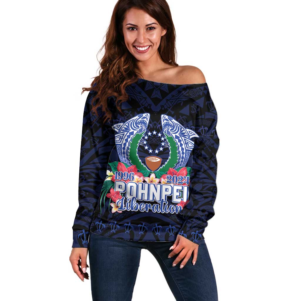 Happy Pohnpei Liberation Day Off Shoulder Sweater Polynesian Shark Turtle Motif LT05 Women Blue - Polynesian Pride