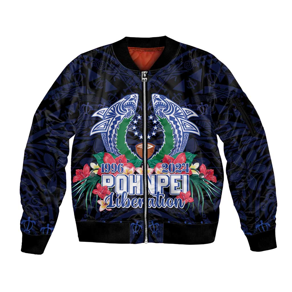 Happy Pohnpei Liberation Day Sleeve Zip Bomber Jacket Polynesian Shark Turtle Motif LT05 Unisex Blue - Polynesian Pride