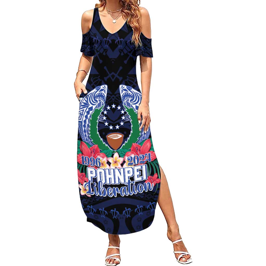 Happy Pohnpei Liberation Day Summer Maxi Dress Polynesian Shark Turtle Motif LT05 Women Blue - Polynesian Pride