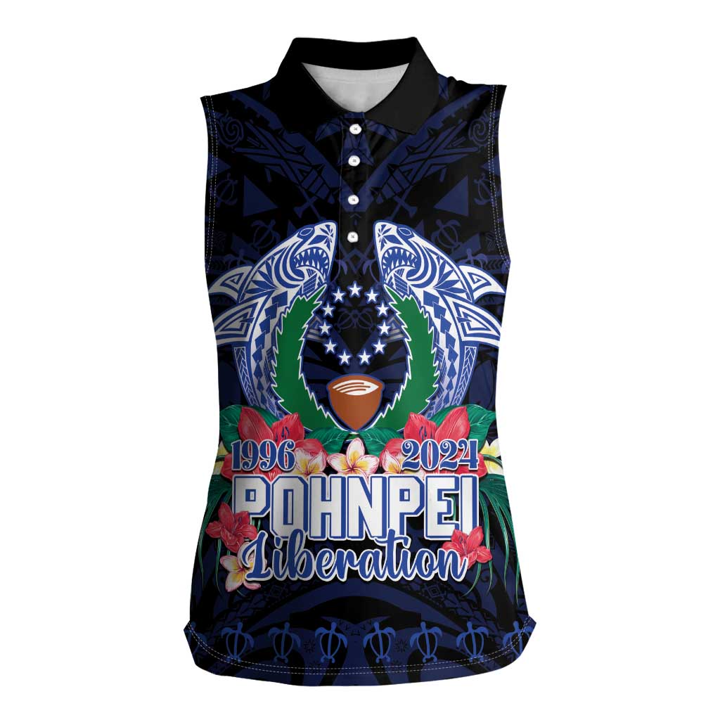 Happy Pohnpei Liberation Day Women Sleeveless Polo Shirt Polynesian Shark Turtle Motif LT05 Female Blue - Polynesian Pride