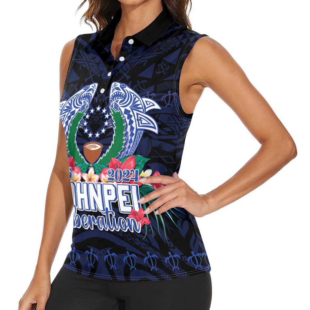 Happy Pohnpei Liberation Day Women Sleeveless Polo Shirt Polynesian Shark Turtle Motif