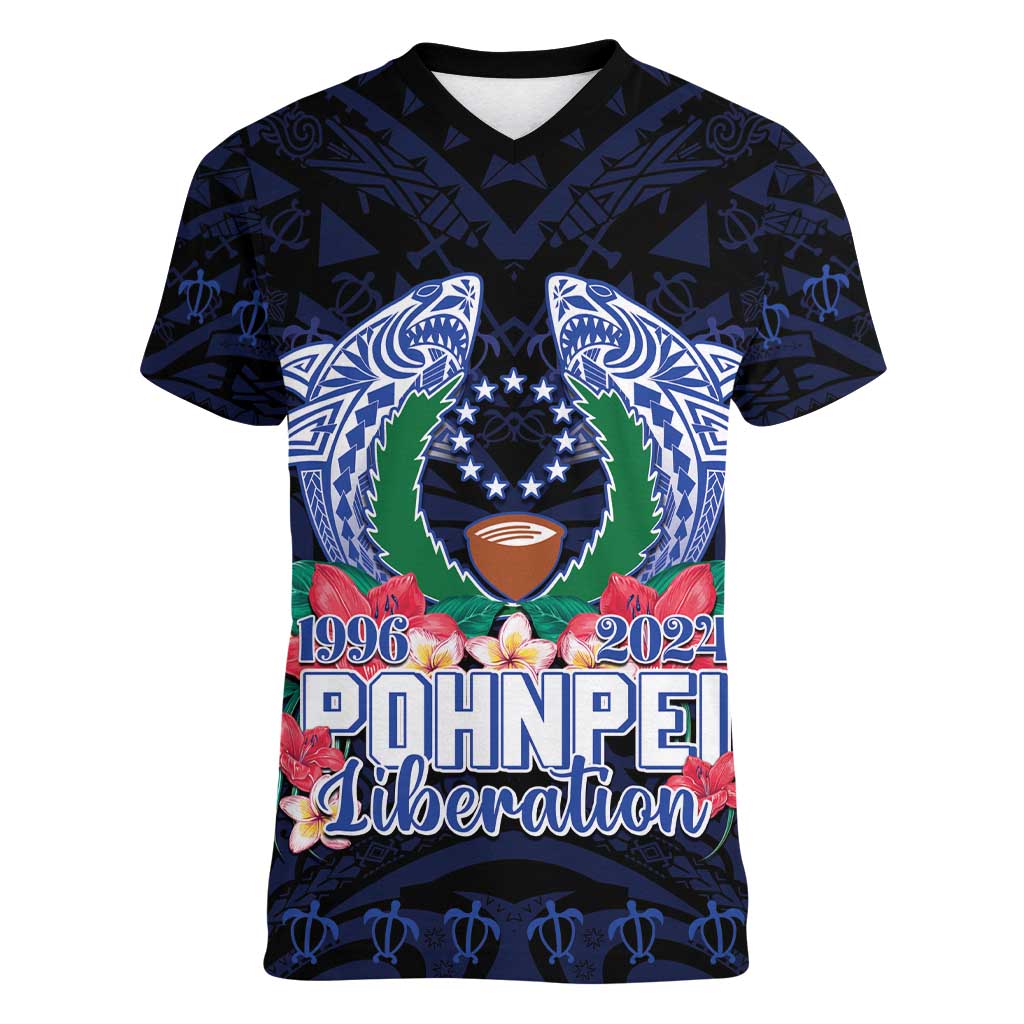 Happy Pohnpei Liberation Day Women V-Neck T-Shirt Polynesian Shark Turtle Motif LT05 Female Blue - Polynesian Pride