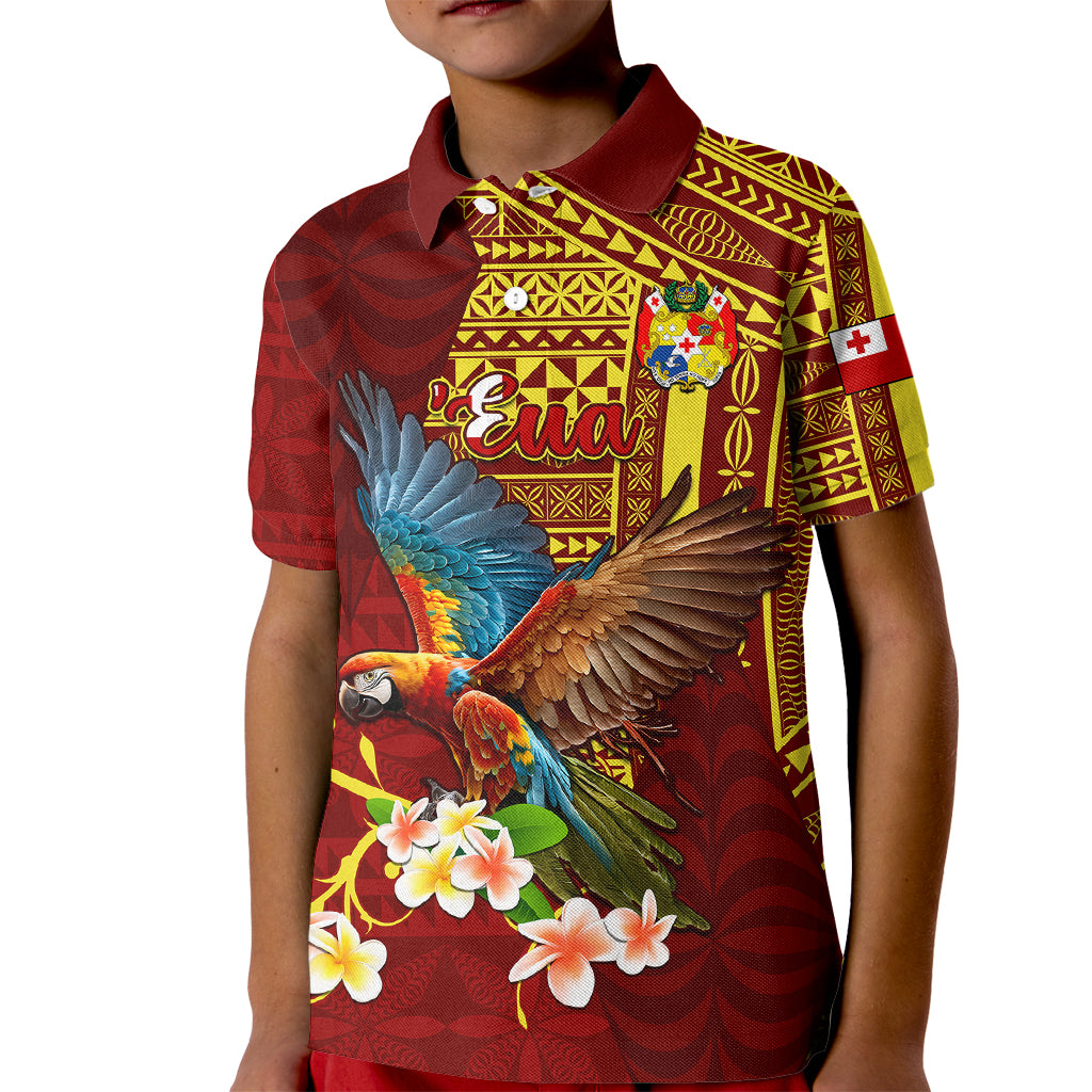 Personalized Tonga Eua Kid Polo Shirt Maroon Shining Parrot Coat Of Arms With Ngatu Pattern LT05 Kid Red - Polynesian Pride