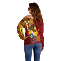 Personalized Tonga Eua Off Shoulder Sweater Maroon Shining Parrot Coat Of Arms With Ngatu Pattern LT05 - Polynesian Pride