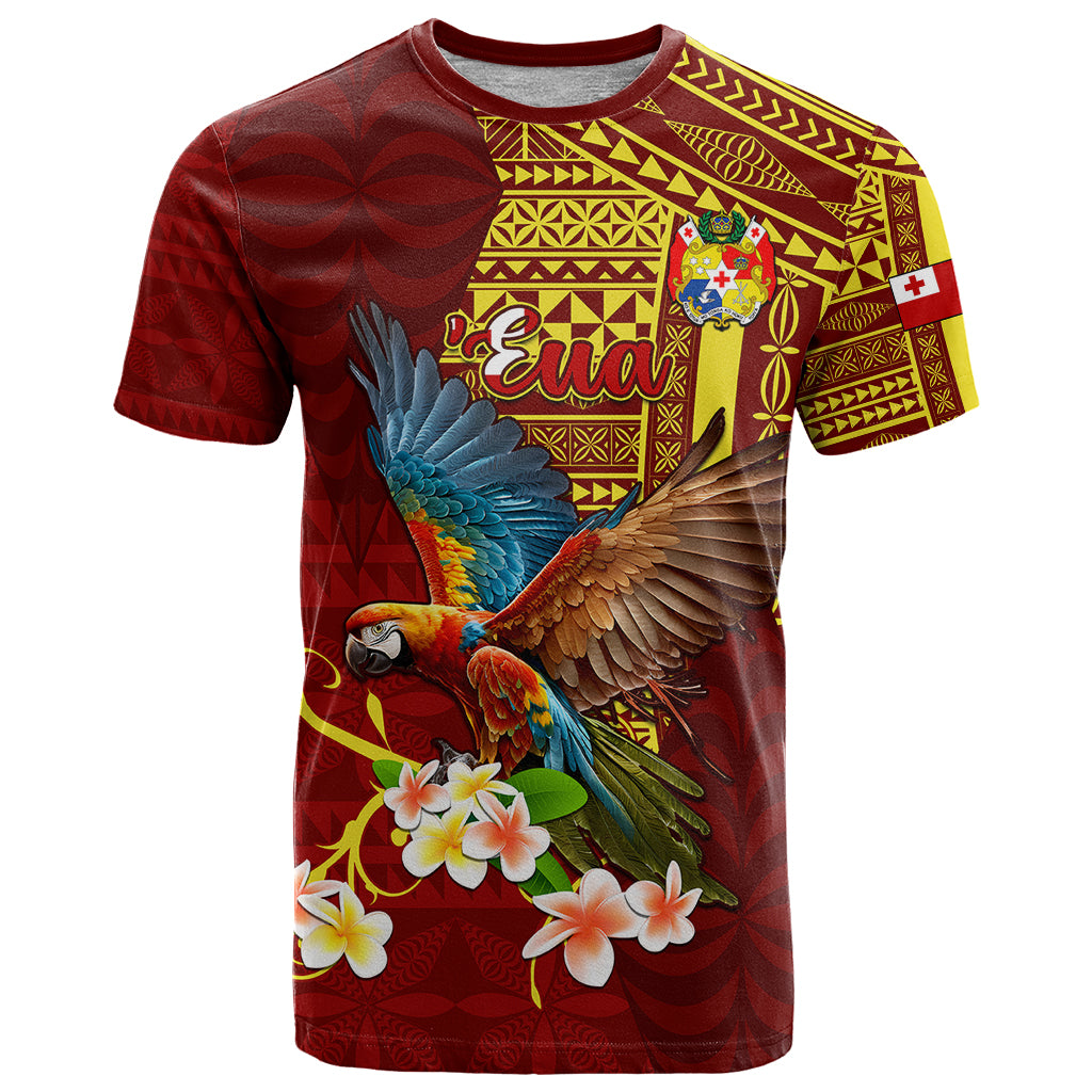 Personalized Tonga Eua T Shirt Maroon Shining Parrot Coat Of Arms With Ngatu Pattern LT05 Red - Polynesian Pride