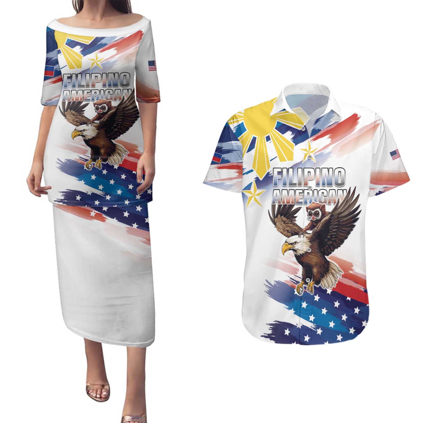 Filipino American History Month Couples Matching Puletasi and Hawaiian Shirt Bald Eagle Tarsier Together LT05 White - Polynesian Pride