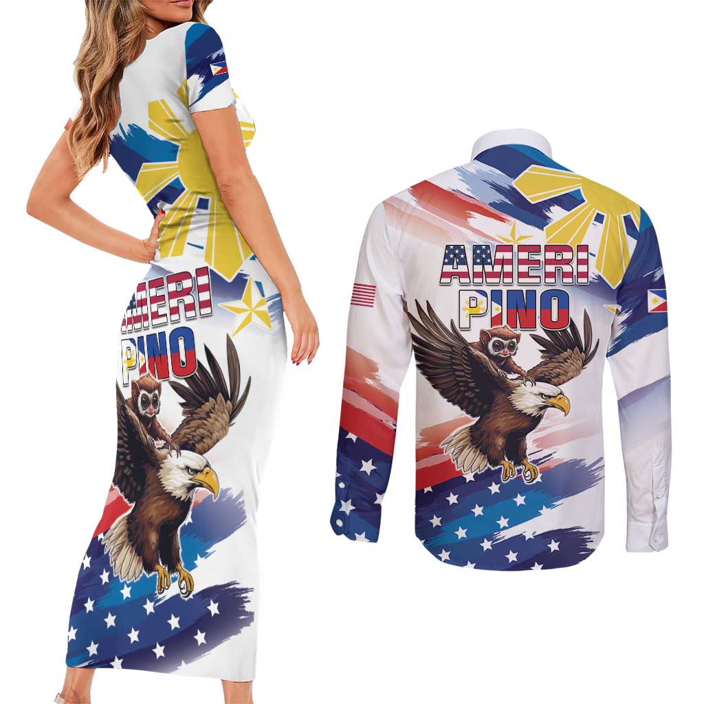 Filipino American History Month Couples Matching Short Sleeve Bodycon Dress and Long Sleeve Button Shirt Bald Eagle Tarsier Together