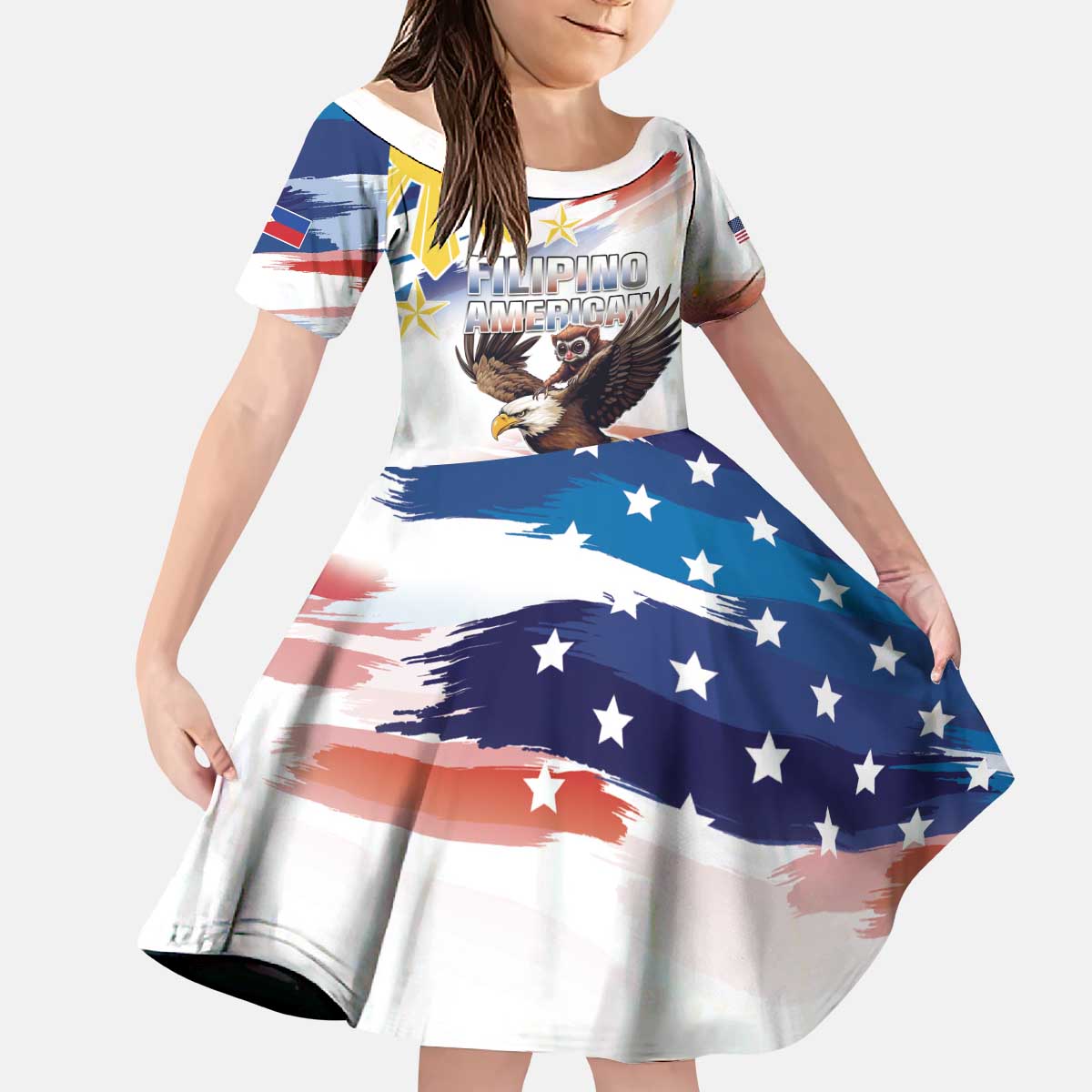 Filipino American History Month Kid Short Sleeve Dress Bald Eagle Tarsier Together LT05 KID White - Polynesian Pride