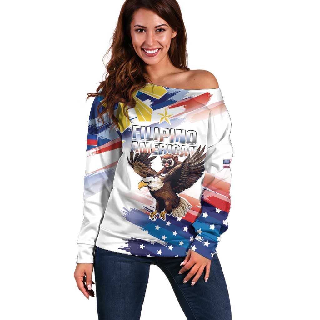Filipino American History Month Off Shoulder Sweater Bald Eagle Tarsier Together LT05 Women White - Polynesian Pride