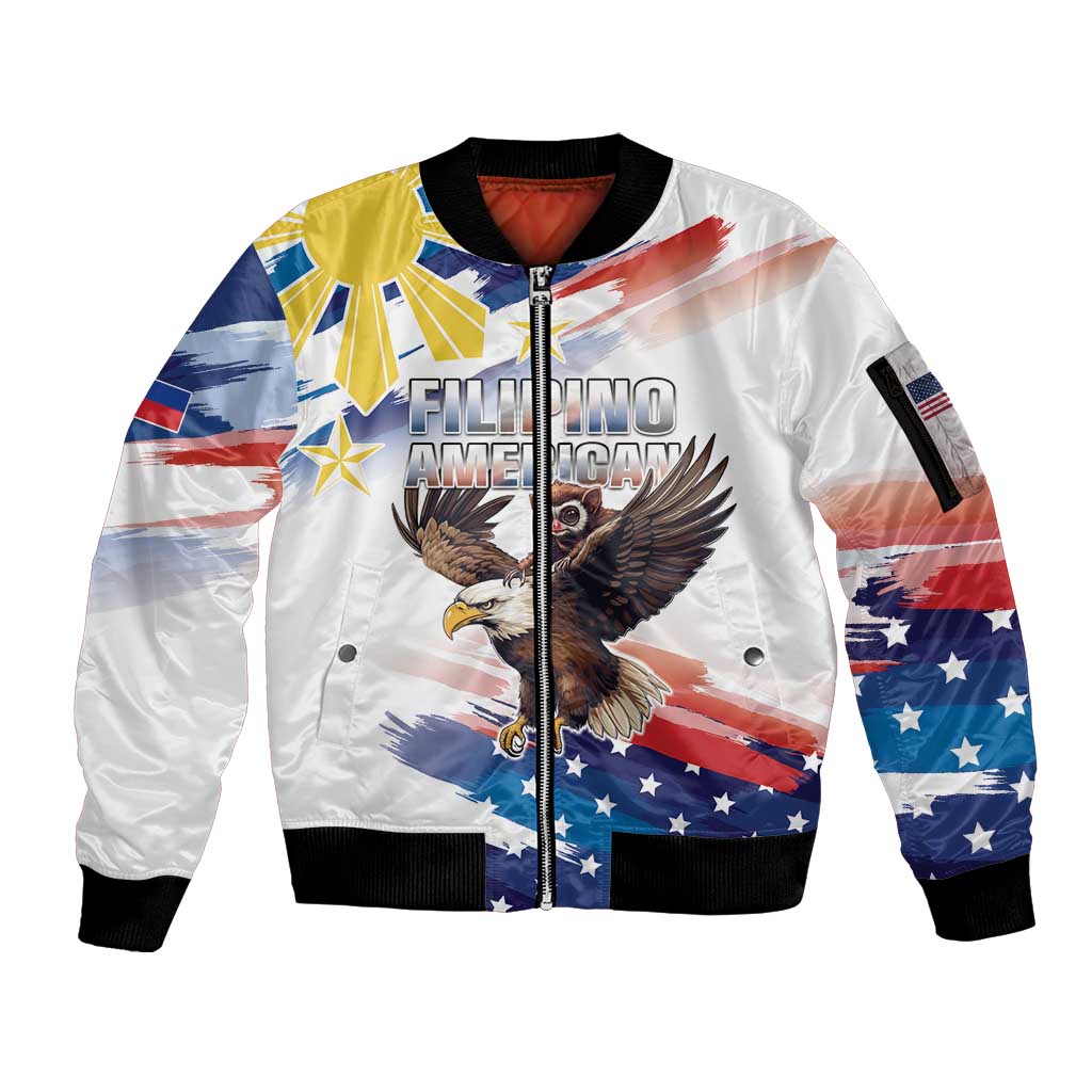Filipino American History Month Sleeve Zip Bomber Jacket Bald Eagle Tarsier Together LT05 Unisex White - Polynesian Pride