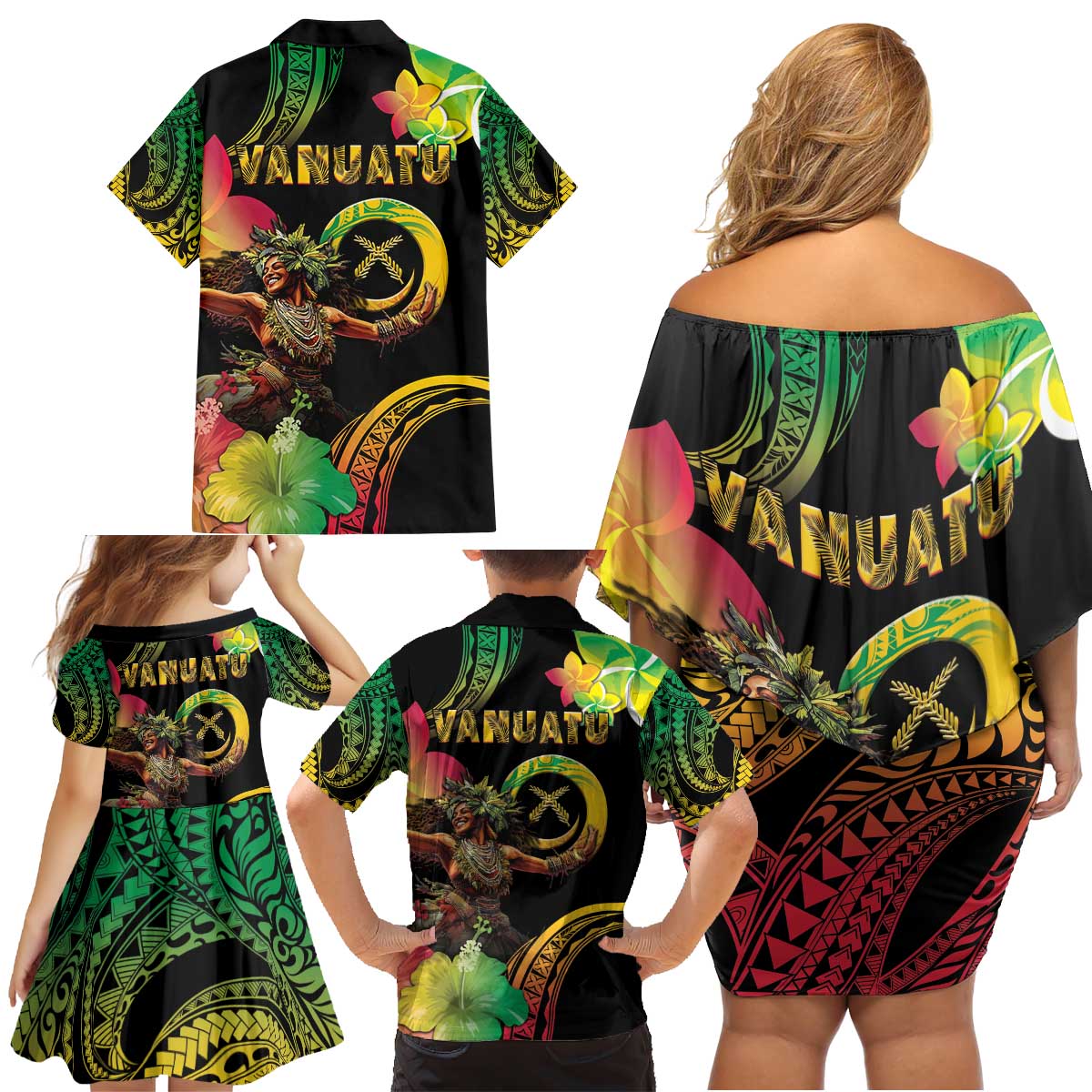 Halo Vanuatu Family Matching Off Shoulder Short Dress and Hawaiian Shirt Beautiful Woman Dancing