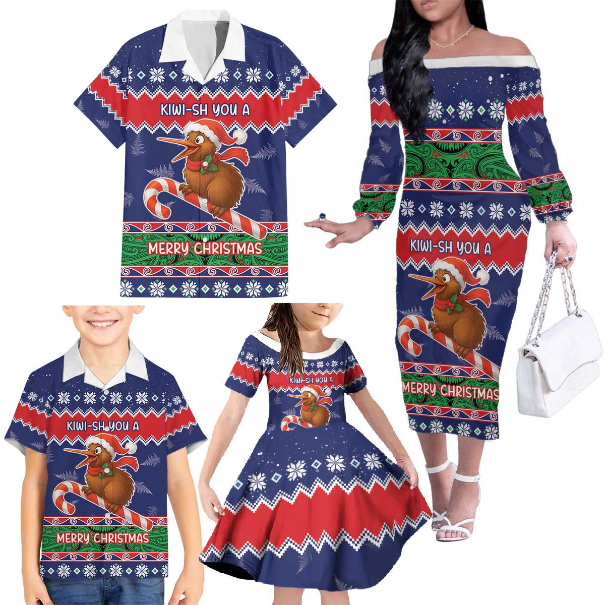 New Zealand Christmas Family Matching Off The Shoulder Long Sleeve Dress and Hawaiian Shirt Kiwi-sh You A Merry Christmas - Polynesian Pride