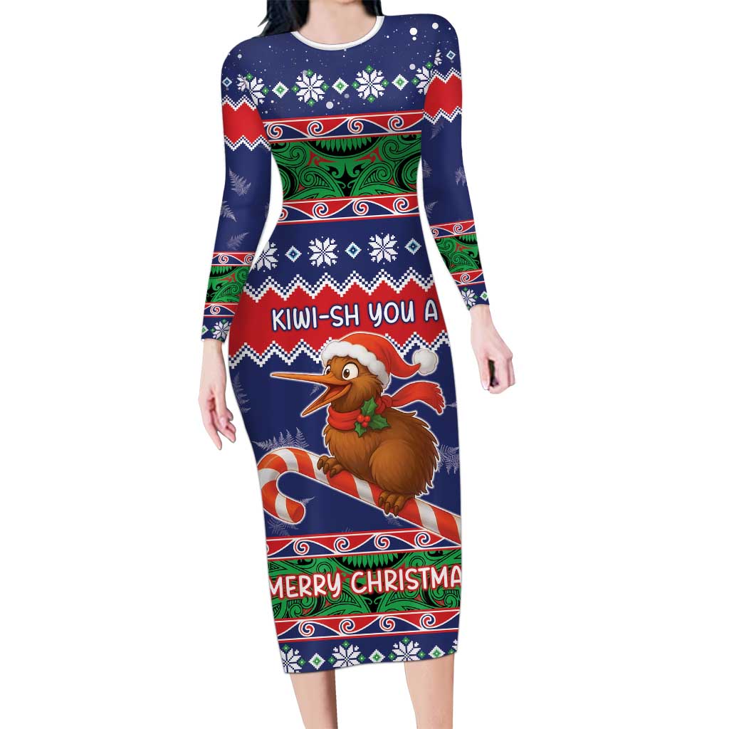 New Zealand Christmas Long Sleeve Bodycon Dress Kiwi-sh You A Merry Christmas - Polynesian Pride