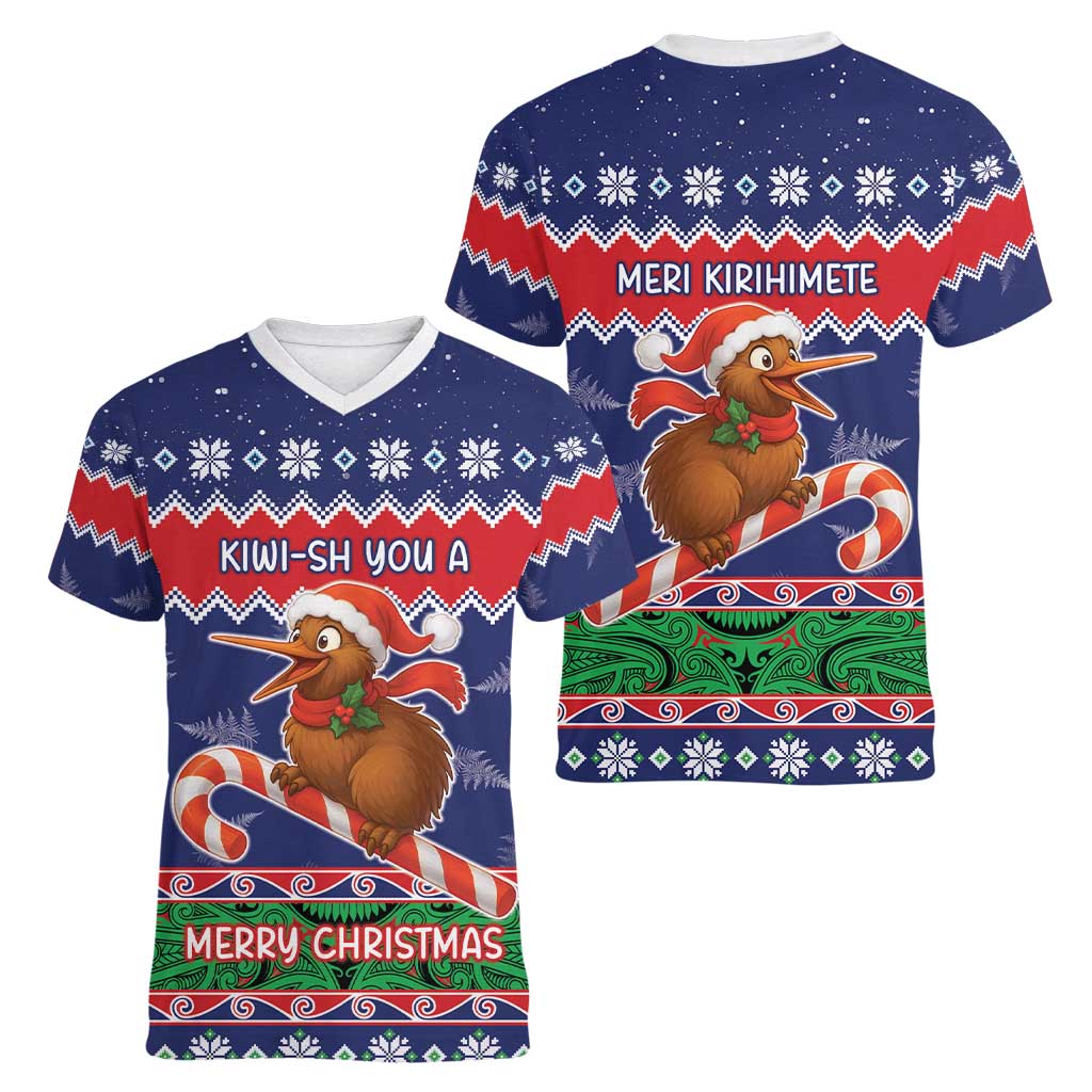 New Zealand Christmas Women V-Neck T-Shirt Kiwi-sh You A Merry Christmas - Polynesian Pride