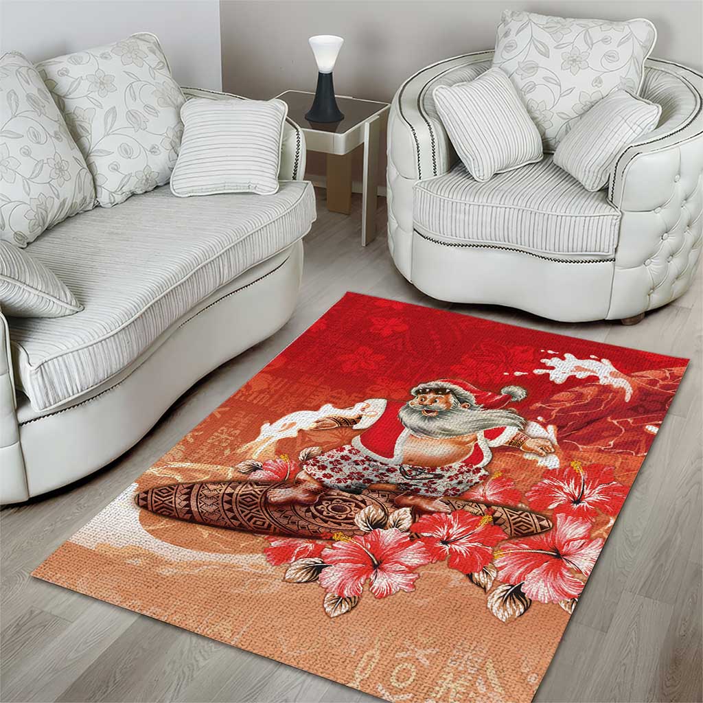 Hawaii Funny Christmas Area Rug Santa Surfing With Tapa Pattern - Polynesian Pride