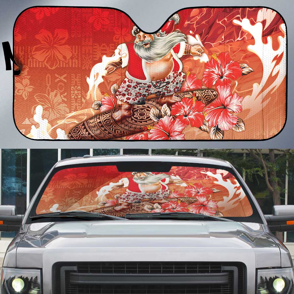 Hawaii Funny Christmas Auto Sun Shade Santa Surfing With Tapa Pattern - Polynesian Pride
