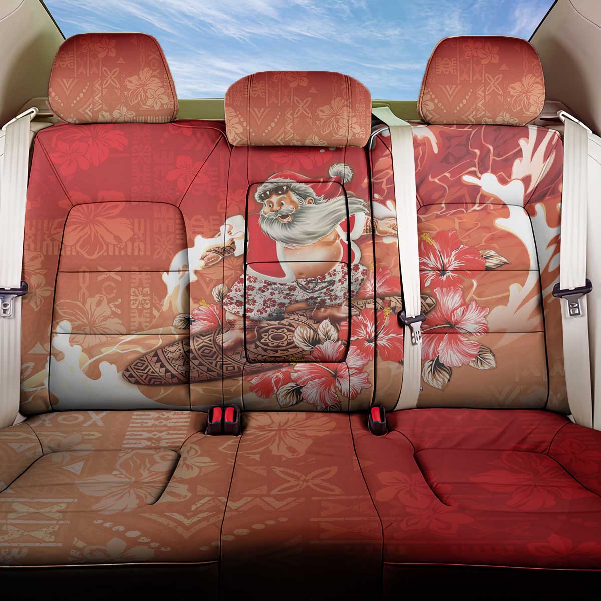 Hawaii Funny Christmas Back Car Seat Cover Santa Surfing With Tapa Pattern - Polynesian Pride